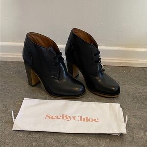 See By Chloe Black Leather Ankle Lace Up Booties